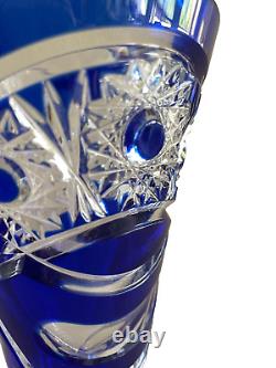 Rare Cobalt Cut to Clear Glass Crystal Vase Fruit Flower Etchings 8.25