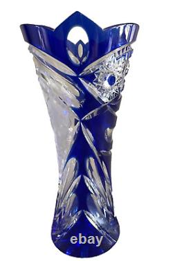 Rare Cobalt Cut to Clear Glass Crystal Vase Fruit Flower Etchings 8.25