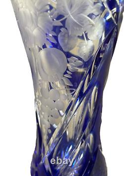 Rare Cobalt Cut to Clear Glass Crystal Vase Fruit Flower Etchings 8.25