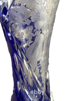 Rare Cobalt Cut to Clear Glass Crystal Vase Fruit Flower Etchings 8.25