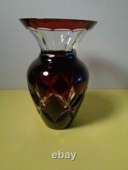 Rare Faberge Signed Ruby Red Cut to Clear Crystal Vase (8 by 5 by 5)