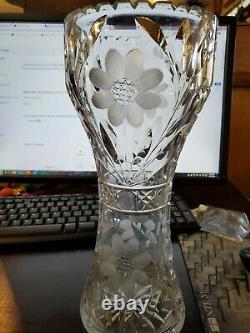 Rare Large Cut Crystal Corset Vase, Intaglio Daisies with Cross-Hatch Bands