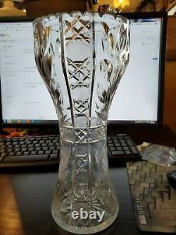 Rare Large Cut Crystal Corset Vase, Intaglio Daisies with Cross-Hatch Bands
