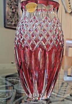 Rare Val St Lambert Large Cranberry Rub Cut2Clear Crystal Vase Signed 12