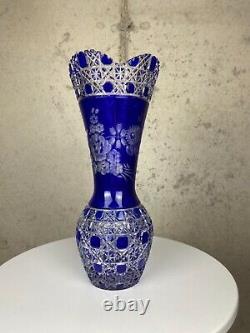 Rare Vintage Meissen Cobalt Blue/ Clear Hand Cut Crystal Floral Vase Signed