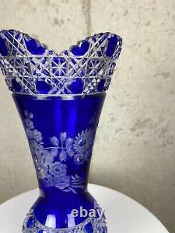 Rare Vintage Meissen Cobalt Blue/ Clear Hand Cut Crystal Floral Vase Signed