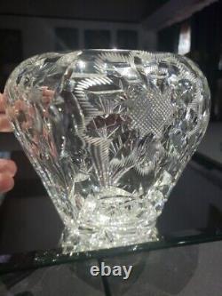 Rare shape Squat VASE, American brilliant Period Cut glass Crystal floral flashy