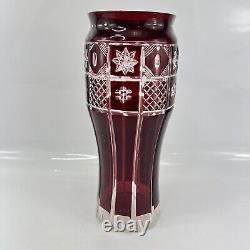 Red Bohemian Czech Art Deco Hand Cut Glass Vase 12 Tall 4.5 Diameter