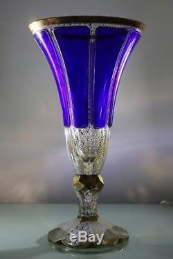 Rückl Crystal Panel Cut Vase, Cobalt Blue Glass, Gilded Bohemian Vase