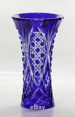 Russian Cut to clear Overlay Cased Crystal Vase, 21 cm high, BLUE
