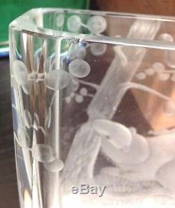 SALE & FREE SHIPPING! Signed Cut Crystal Vase w Etched Beaver, Trees & Leaves