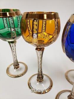 SET OF 5 Bohemian 8 Moser CABOCHON CUT Art Glass WINE GOBLETS Multi-Colored
