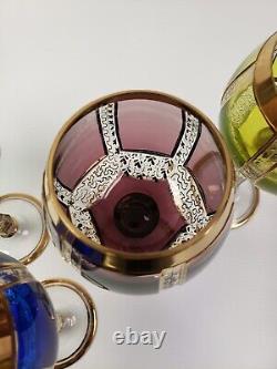 SET OF 5 Bohemian 8 Moser CABOCHON CUT Art Glass WINE GOBLETS Multi-Colored