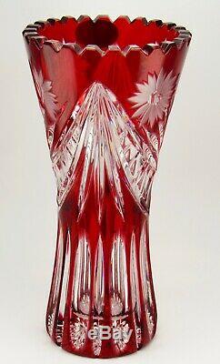 Schonborner Bleikristall Germany Engraved Ruby Red Cut to Clear Crystal Vase