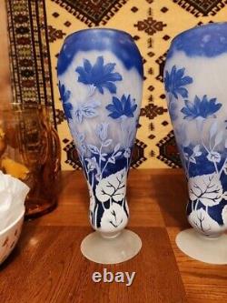 Set Shannon Crystal of Ireland Mouth Blown Hand-Cut Blue Art Glass Vases Rare