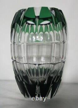 Signed 10 lb. VAL ST. LAMBERT (Belgium) Green Cut Crystal Vase 9.25 x 6