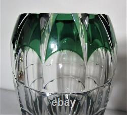 Signed 10 lb. VAL ST. LAMBERT (Belgium) Green Cut Crystal Vase 9.25 x 6