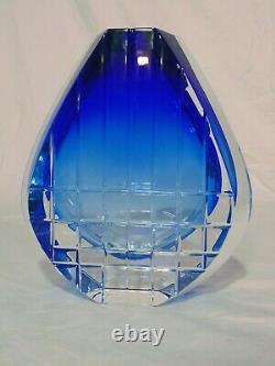 Signed Baccarat French Crystal Blue Cut Glass Neptune Vase 7 3/8