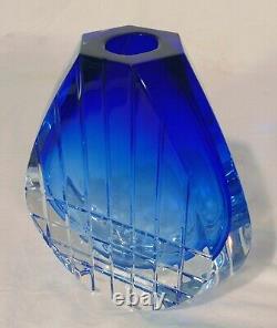 Signed Baccarat French Crystal Blue Cut Glass Neptune Vase 7 3/8
