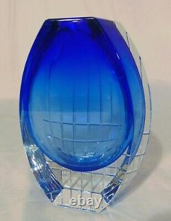 Signed Baccarat French Crystal Blue Cut Glass Neptune Vase 8 3/8 #2