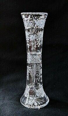 Signed Hawkes Lg American Cut Glass ABP Vase Engraved Flowers Ferns EUC Antique