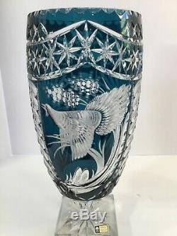 Signed Lausiter Bleikristall Cut Lead Crystal Vase (teal To Clear) Gdr Germany