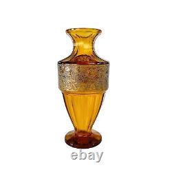 Signed Moser Karlsbad Art Deco Pedastal Cut Crystal Vase Amber/Gold Frieze