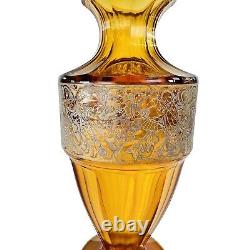 Signed Moser Karlsbad Art Deco Pedastal Cut Crystal Vase Amber/Gold Frieze