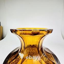 Signed Moser Karlsbad Art Deco Pedastal Cut Crystal Vase Amber/Gold Frieze