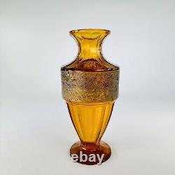 Signed Moser Karlsbad Art Deco Pedastal Cut Crystal Vase Amber/Gold Frieze