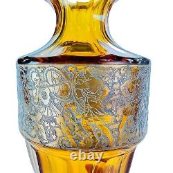 Signed Moser Karlsbad Art Deco Pedastal Cut Crystal Vase Amber/Gold Frieze