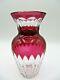 Signed Val St Lambert Cranberry Cut To Clear Crystal 6 Deco Vase Belgium
