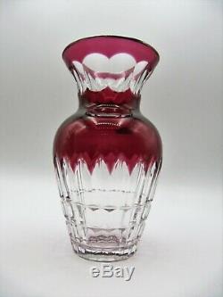 Signed VAL ST LAMBERT Cranberry Cut to Clear Crystal 6 Deco Vase BELGIUM