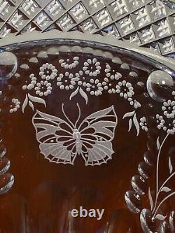 Signed VARGA CRYSTAL Antique Butterfly/Floral Etched 10 Trumpet Flower Vase