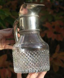 Silverplate gilt Metal crystal cut glass ewer Pitcher Vintage Italy marked old