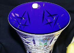 Spectacular Large Bohemian Crystal Milk Glass Cut To Cobalt Decorated Table Vase