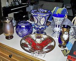 Spectacular Large Bohemian Crystal Milk Glass Cut To Cobalt Decorated Table Vase