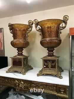 Spectacular Pair of Cut Crystal Vases with Porcelain and Gilded Bronze