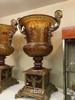 Spectacular Pair of Cut Crystal Vases with Porcelain and Gilded Bronze