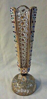 Spectacular Rare Bohemian Heavily Beaded Gilt Jeweled Cut Glass Paperweight Vase