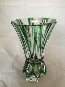 St. Louis Crystal Cut Emerald Green to Clear Art Deco Vase Sticker Signed France