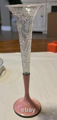 Sterling Silver, Pink Guilloche Enamel and Wheel Cut Crystal Vase