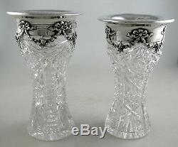 Sterling and cut Crystal Gorham vases garland themed pattern (pair)