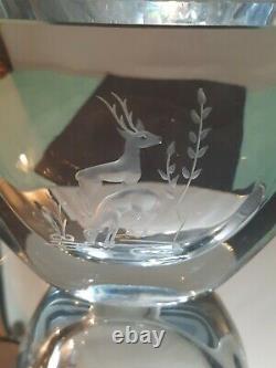 Strombergshyttan Scandinavian Cut & Engraved Deer Crystal Vase Signed & Numbered