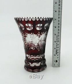 Stunning Antique Bohemian Deep Ruby Red Cut to Clear Crystal Glass Vase