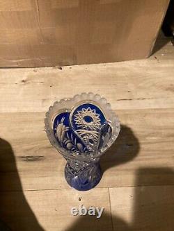Stunning Bohemian Colbalt Blue Cut to Clear Crystal Vase 8