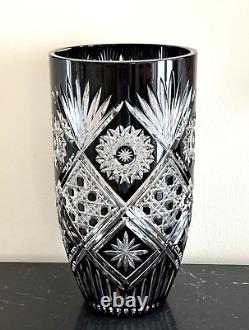 Stunning Czech Bohemian Black Cut to Clear Crystal Vase