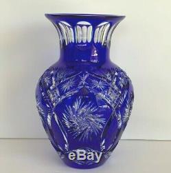 Stunning Czech Bohemian Cobalt Blue Cut to Clear Cased Crystal Vase