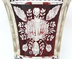 Stunning Large 13 Ruby Cut To Clear Bohemian Trumpet Vase Floral Gold Trim