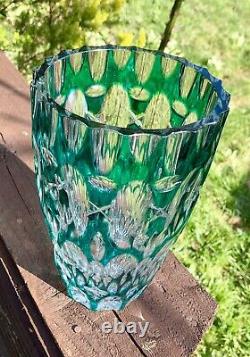 Stunning Lge Vintage Bohemian Czech Cut to Clear Art Glass Vase Teal/Torquoise